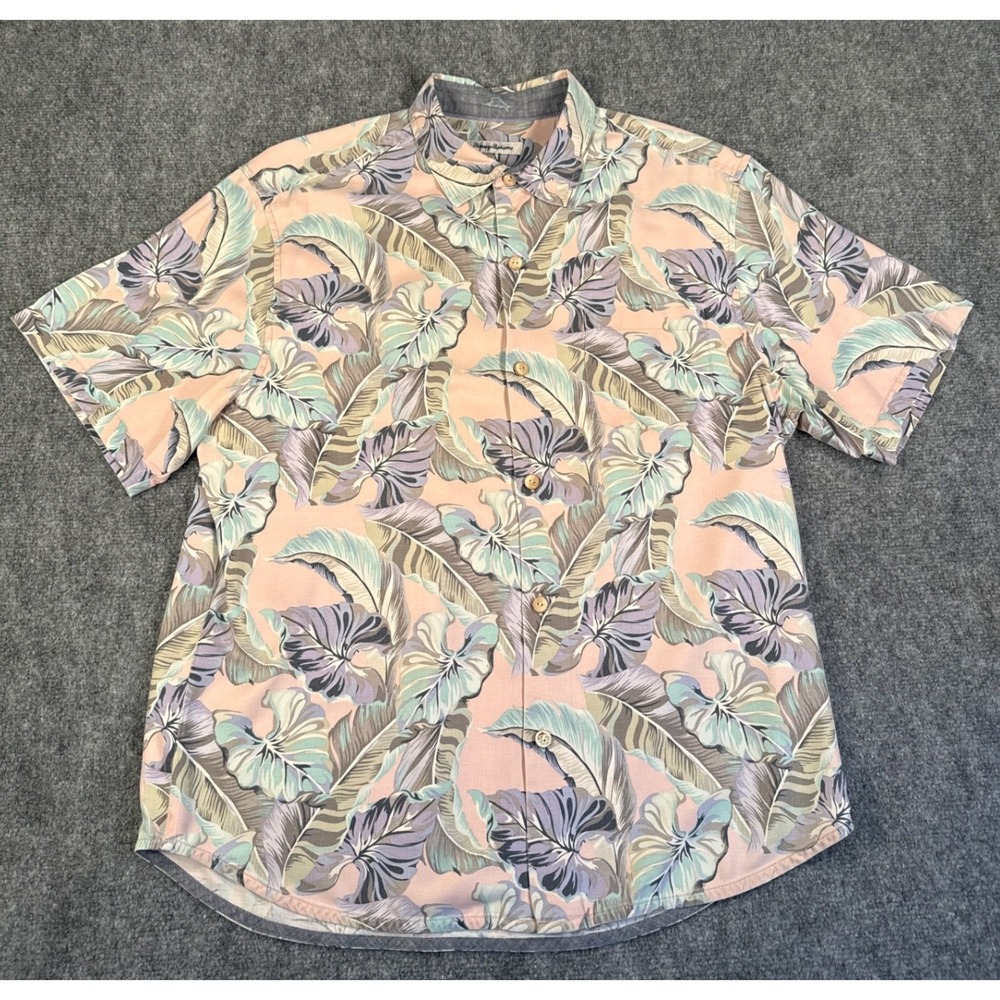 Tommy Bahama IslandZone Mens Large Pink Tropical Leaf Floral Button Down Shirt
